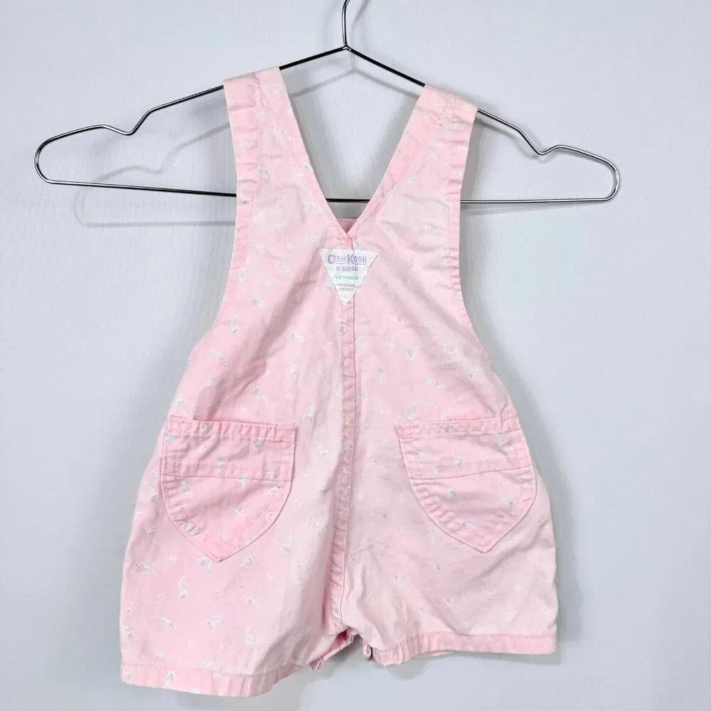 Vintage Oshkosh B’Gosh Vestbak Pink Denim Floral Overalls Shorts Size 18 Month